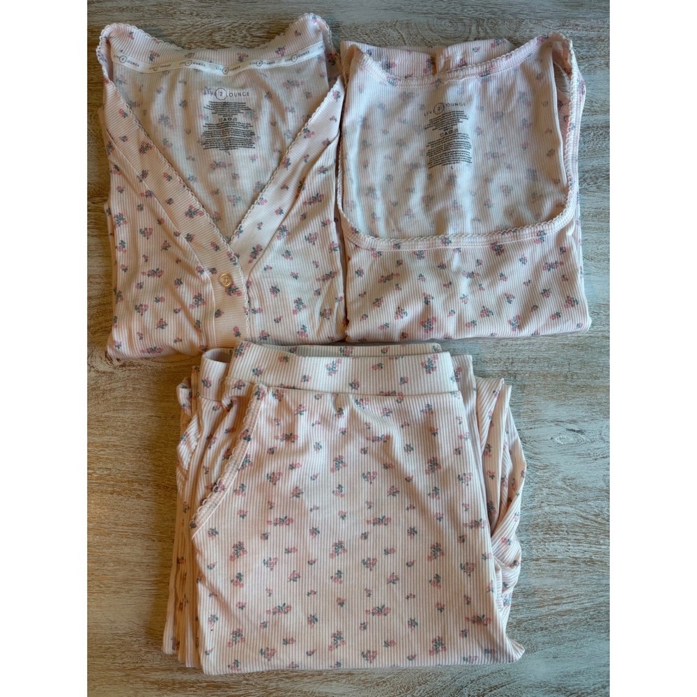 Live 2 Lounge 3 Piece Pajama Set Womens Large Pink Floral Cardigan Tank Pants